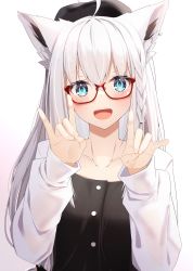 1girl :d absurdres ahoge animal_ears blue_eyes borumete braid casual collarbone commentary_request fox_ears glasses hair_between_eyes hat highres hololive huge_filesize long_hair long_sleeves looking_at_viewer open_mouth shirakami_fubuki sidelocks simple_background single_braid smile solo virtual_youtuber white_background white_hair