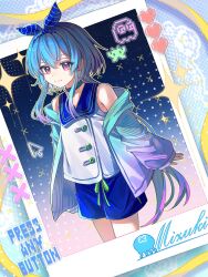 1boy aoko_(amamiya_aoko) aqua_jacket arknights bare_shoulders bishounen blue_hair blue_sailor_collar blue_shorts character_name chinese_commentary closed_mouth commentary_request english_text hair_between_eyes heart highres infection_monitor_(arknights) jacket long_hair looking_at_viewer male_focus mizuki_(arknights) multicolored_hair multicolored_jacket off_shoulder pink_eyes pink_hair pink_jacket pixel_art_inset pixel_heart sailor_collar shirt shorts sleeveless sleeveless_shirt smile solo sparkle standing toggles two-tone_hair two-tone_jacket very_long_hair white_shirt