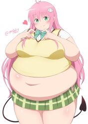 1girl ahoge big_belly blush bow bowtie breasts demon_tail fat fat_woman green_eyes green_skirt hair_ornament heart heart_hands lala_satalin_deviluke large_breasts long_hair masakin muffin_top navel obese obese_female panties panty_peek pink_hair plaid_clothes plaid_skirt school_uniform shirt skirt smile solo standing tail tight_clothes to_love-ru twitter_username underwear vest white_background white_panties white_shirt