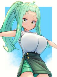 1girl absurdres breasts casual green_hair highres kosanae_sasaho large_breasts long_sideburns oppai_loli original ponytail short_bangs sideburns smaragdus_viridi tsurime yellow_eyes