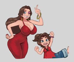 Rule 34 | absurdres, blue eyes, blue pants, bracelet, breasts, brown hair, bu55top, cropped legs, donkey kong (series), donkey kong bananza, dress, dual persona, excited, eyeshadow, freckles, grin, highres, jewelry, large breasts, long hair, makeup, mario (series), nintendo, open mouth, pants, pauline (mario), pauline (young) (mario), purple eyeshadow, red dress, red lips, simple background, smile
