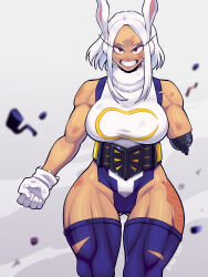1girl amputee animal_ears blue_thighhighs boku_no_hero_academia breasts bruise butter_sugoi clenched_hand commentary cowboy_shot english_commentary gloves gluteal_fold grin highleg highleg_leotard highres injury large_breasts leotard mirko muscular muscular_female rabbit_ears red_eyes scar scar_on_leg short_hair_with_long_locks sleeveless_turtleneck_leotard smile solo thick_thighs thighhighs thighs torn_clothes torn_thighhighs white_gloves white_hair white_leotard