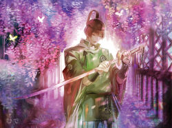 1boy backlighting blood bloody_weapon bug butterfly cleaning cleaning_weapon facing_down flower insect ishikirimaru japanese_clothes katana looking_at_viewer short_hair solo sword tagme touken_ranbu weapon wiping wisteria zbxx