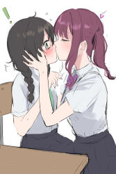 ! 2girls absurdres black_hair black_skirt blush bow bowtie braid cevio collared_shirt commentary_request eru_aise green_eyes green_necktie hanakuma_chifuyu hand_on_another&#039;s_face heart highres kiss mole mole_under_eye multiple_girls natsuki_karin necktie purple_bow purple_bowtie purple_hair school_uniform shirt short_sleeves simple_background skirt twin_braids twintails white_background white_shirt yuri