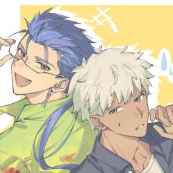 2boys archer_(fate) archer_(summer_casual)_(fate) back-to-back blue_hair commentary cu_chulainn_(fate) cu_chulainn_(fate/stay_night) dark-skinned_male dark_skin fang fate/grand_order fate_(series) glasses grey_eyes highres male_focus multiple_boys official_alternate_costume open_mouth red_eyes smile sweatdrop symbol-only_commentary white_hair y111111n