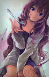 Rule 34 | 1girl, blue eyes, comeco, commentary request, dress, flask, floating, floating liquid, floating object, ichinose shiki, idolmaster, idolmaster cinderella girls, lab coat, liquid, long hair, parted lips, purple hair, single bare shoulder, solo, very long hair