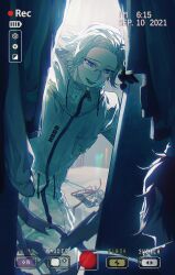 2boys absurdres aizendai aotsuki_eito black_gloves blue_eyes breast_pocket chinese_commentary closet fake_phone_screenshot fake_screenshot glasses gloves grey_hair highres indoors jacket light_blush looking_at_another male_focus multiple_boys out_of_frame pocket recording red_hair short_hair smile sumino_takumi the_hundred_line_-last_defense_academy- timestamp unworn_clothes white_jacket