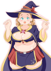 13988 1girl aqua_eyes belt blue_cloak blue_eyes blue_hat blue_thighhighs blush braid breasts brown_hair cleavage cloak crop_top flower gundam gundam_suisei_no_majo hat hat_ribbon large_breasts lilique_kadoka_lipati navel open_mouth plump ribbon rose skirt solo standing thick_thighs thighhighs thighs twin_braids white_background witch_hat
