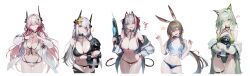 absurdres ahoge alternate_costume amiya_(arknights) animal_ears antennae arknights arm_strap asymmetrical_horns bare_shoulders bikini bikini_top_under_shirt bikini_under_clothes black_bikini black_choker black_horns blue_bikini blush breasts character_doll choker cleavage closed_eyes collarbone commentary_request criss-cross_halter demon_girl demon_horns demon_tail doctor_(arknights) doll fangs flower four-finger_heart_hands gluteal_fold green_hair green_one-piece_swimsuit grey_hair hair_between_eyes hair_flower hair_intakes hair_ornament halterneck hand_on_own_hip hands_up head_tilt heart heart_hands highleg highleg_one-piece_swimsuit highres holding holding_doll holding_toy_gun holding_water_gun horns hugging_doll hugging_object infection_monitor_(arknights) jacket jewelry kal&#039;tsit_(arknights) korean_commentary large_breasts leaning_forward long_hair long_sleeves looking_at_viewer low_ponytail material_growth medium_breasts mudrock_(arknights) mudrock_(silent_night)_(arknights) multi-strapped_bikini_bottom multiple_girls multiple_rings musical_note navel ness_(pjw0168) o-ring o-ring_top off_shoulder official_alternate_costume one-piece_swimsuit open_clothes open_jacket open_mouth orange_eyes oripathy_lesion_(arknights) pink_hair pointy_ears ponytail puffy_long_sleeves puffy_sleeves rabbit_ears rabbit_girl red_bikini red_eyes red_horns ring shirt short_hair side-tie_bikini_bottom sidelocks simple_background skindentation sleeves_past_wrists smile stomach swimsuit tail teeth theresa_(arknights) thigh_strap thighs tied_shirt upper_teeth_only very_long_hair w_(arknights) water_gun wet wet_clothes wet_face wet_hair wet_shirt white_background white_bikini white_jacket white_shirt yellow_flower