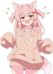 1girl :d animal_ears blush brown_hoodie dog_ears dog_girl dog_tail fang highres hood hood_down hoodie long_hair long_sleeves looking_at_viewer no_pants open_mouth original pink_eyes pink_hair simple_background skin_fang sleeves_past_fingers sleeves_past_wrists smile smug tail two_side_up yuu-chan_(inugamikenoy) yuu-kun_(inugamikenoy)