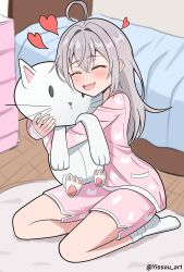 Rule 34 | 1girl, absurdres, alisa mikhailovna kujou, animal ears, blue eyes, blush, happy, highres, hug, hugging object, long hair, open mouth, simple background, sitting, smile, solo, stuffed animal, stuffed toy, tokidoki bosotto roshia-go de dereru tonari no alya-san, wariza, yissou art