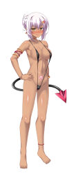 Rule 34 | 1girl, alternate skin color, asamiya minami, dark-skinned female, dark skin, demon tail, hair bun, hair ornament, hand on own hip, heart, heart hair ornament, highres, pubic tattoo, simple background, single hair bun, slave ignis, solo, standing, tachi-e, tail, tattoo, ts magical girl nao, white background, white hair, yellow eyes