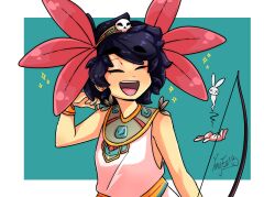 1girl absurdres axolotl_girl aztec black_hair border bow_(weapon) closed_eyes dead_animal dot_nose elli_yong giving_up_the_ghost hair_ornament happy highres holding holding_bow_(weapon) holding_weapon indie_virtual_youtuber mole mole_under_eye open_mouth rabbit short_hair skull_hair_ornament solo sparkle teeth upper_body upper_teeth_only virtual_youtuber weapon white_border yongelli13