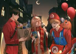 1girl 2boys alternate_costume bag balloon black_hair black_robe blonde_hair blue_overalls building cardboard_car chainsaw_man cosplay crescent_moon denji_(chainsaw_man) eating food grey_skirt hat hayakawa_aki highres holding holding_bag holding_food hood hoodie horns long_hair looking_at_another mario mario_(cosplay) mario_(series) mario_kart moon multiple_boys night nintendo open_clothes open_mouth open_robe outdoors overalls panprika11 paper_bag pleated_skirt pochita_(chainsaw_man) power_(chainsaw_man) red_hat red_hoodie red_horns red_scarf red_shirt robe scarf shirt short_hair skirt teeth white_shirt