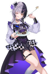 1girl ;q absurdres alternate_costume black_hair black_shoes cake commentary corset crown english_commentary food foodification fork grey_hair happy_birthday highres holding holding_fork holding_plate hololive hololive_english long_hair matryo8 mini_crown multicolored_hair novelites_(shiori_novella) one_eye_closed plate purple_corset purple_skirt shiori_novella shirt shoes shorts showgirl_skirt simple_background skirt split-color_hair striped_clothes striped_shorts thigh_strap tongue tongue_out two-tone_hair virtual_youtuber white_background white_shirt yellow_eyes