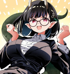 1girl biscione_(fate) biscione_(first_ascension)_(fate) black_hair black_suit bob_cut breasts dragon_horns dragon_tail fate/grand_order fate_(series) fist_pump formal_clothes glasses horns large_breasts pointy_ears red_eyes suit tail tsukumo_(soar99)
