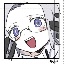 1boy aotsuki_eito blue_eyes blush border close-up dotted_line glasses male_focus open_mouth solo solo_focus teeth the_hundred_line_-last_defense_academy- upper_teeth_only white_border white_hair