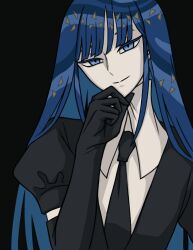 Rule 34 | 1other, black background, black gloves, black necktie, blue eyes, blue hair, elbow gloves, gem uniform (houseki no kuni), gloves, hashtag, houseki no kuni, karasuur1, lapis lazuli (houseki no kuni), long hair, looking at viewer, necktie, other focus, puffy short sleeves, puffy sleeves, shirt, short sleeves, simple background, solo, white shirt