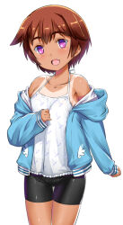 1girl bad_id bad_twitter_id bare_shoulders bike_shorts blue_jacket breasts brown_hair camisole collarbone cowboy_shot fang hair_flaps hood hood_down inactive_account jacket loli one-piece_tan open_clothes open_jacket original purple_eyes shiny_skin short_hair small_breasts solo takase_yuu tan tanline thigh_gap white_camisole