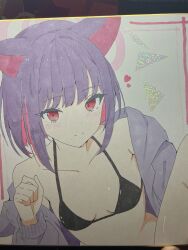 1girl absurdres alternate_costume animal_ears bikini black_bikini blue_archive blush breasts cat_ears collarbone colored_inner_hair commentary_request halo highres jacket kazusa_(blue_archive) kurumi_kororin leg_up looking_at_viewer marker_(medium) multicolored_hair open_clothes open_jacket photo_(medium) pink_hair pink_halo purple_hair purple_jacket red_eyes shikishi sidelocks small_breasts smile solo string_bikini swimsuit traditional_media