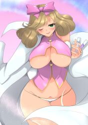 1girl bare_shoulders blush breasts brown_hair coat elbow_gloves gloves green_eyes hair_ribbon haruka_(senran_kagura) large_breasts long_hair long_sleeves looking_at_viewer one_eye_closed rasetuayano ribbon senran_kagura test_tube thong underboob wink