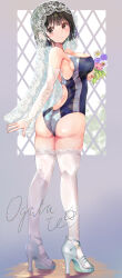 1girl absurdres ass black_hair blush breasts bridal_veil brown_eyes cleavage competition_swimsuit detached_sleeves flag full_body high_heels highres holding holding_flag large_breasts looking_at_viewer mole mole_under_eye ogata_tei one-piece_swimsuit original short_hair signature smile solo swimsuit thighhighs two-tone_swimsuit veil white_thighhighs