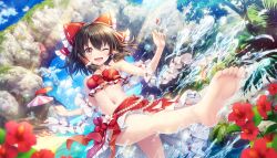 Rule 34 | 1girl, absurdres, alternate costume, barefoot, beach umbrella, bikini, blurry, bow, brown eyes, brown hair, commentary, depth of field, english commentary, flower, flower request, frilled bow, frilled hair tubes, frills, hair bow, hair tubes, hakurei reimu, highres, long hair, navel, ninjinshiru, official art, one eye closed, open mouth, outdoors, red bikini, red bow, red flower, second-party source, smile, solo, stomach, swimsuit, touhou, touhou danmaku kagura, umbrella, water