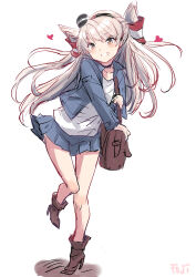 Rule 34 | 1girl, alternate costume, amatsukaze (kancolle), bag, brown eyes, brown footwear, fuji (pixiv24804665), full body, grey hair, grey jacket, grey skirt, grin, hair tubes, heart, highres, jacket, kantai collection, long hair, shirt, simple background, skirt, smile, smokestack hair ornament, solo, standing, two side up, white background, white shirt