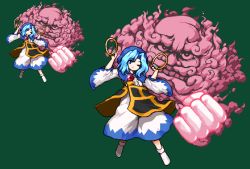 1girl bad_id bad_pixiv_id blue_eyes blue_hair clenched_hand dress holding hood hoop jewelry kesa kumoi_ichirin long_sleeves looking_at_viewer namako_daibakuhatsu necklace one_eye_closed orb pixel_art smile socks touhou unzan wide_sleeves