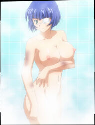 10s 1girl absurdres blue_hair breasts bruise eyepatch green_eyes highres ikkitousen ikkitousen_xtreme_xecutor injury large_breasts mole mole_under_mouth navel nipples nude ryomou_shimei showering solo stitched third-party_edit