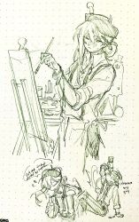 Rule 34 | 1boy, blush, closed mouth, easel, english text, floor of art&#039;s glowing creature, folded ponytail, highres, holding, holding paintbrush, kampuzu, library of ruina, long hair, multiple views, netzach&#039;s painting, netzach (project moon), one eye closed, paintbrush, ponytail, project moon, simple background, sketch, speech bubble