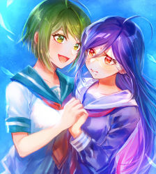 2girls ahoge blue_background blush collarbone danganronpa_(series) danganronpa_another_episode:_ultra_despair_girls dress ears eyebrows_hidden_by_hair fukawa_toko glasses green_eyes green_hair hair_between_eyes holding_hands long_sleeves looking_at_another matching_hair/eyes mole multiple_girls naegi_komaru open_mouth palms parted_bangs purple_dress purple_hair red_eyes red_scarf round_eyewear scard scarf short_sleeves simple_background teeth tongue upper_body upper_teeth_only yuri