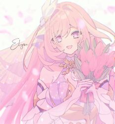 Rule 34 | 1girl, bouquet, breasts, character name, commentary request, elf, elysia (herrscher of human: ego) (honkai impact), elysia (honkai impact), flower, gloves, highres, holding, holding bouquet, honkai (series), honkai impact 3rd, kanaria (mint tea1256), large breasts, long hair, looking at viewer, open mouth, pink flower, pink hair, pink tulip, pointy ears, purple eyes, smile, solo, triquetra, tulip, upper body, veil, very long hair, white gloves, white veil