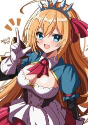 1girl absurdres ahoge blue_eyes breasts buttons cleavage dated double-breasted gloves hair_between_eyes highres huge_ahoge large_breasts long_hair looking_at_viewer orange_hair overskirt pecorine_(princess_connect!) princess_connect! signature simple_background smile solo white_background white_overskirt yanapy