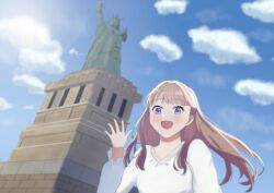 1girl :d blue_sky breasts brown_hair cloud commentary_request day fujishima_megumi fujishima_megumi_(summer_casual) link!_like!_love_live! long_hair long_sleeves looking_at_viewer love_live! medium_breasts new_york_city open_mouth outdoors pochieese purple_eyes real_world_location shirt sky smile solo statue statue_of_liberty two_side_up upper_body v-neck virtual_youtuber white_shirt