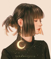 1girl black_eyes black_shirt blunt_bangs blunt_ends brown_hair closed_mouth commentary crescent crescent_earrings ear_piercing earrings english_commentary expressionless eyelashes grey_background hair_bun jewelry karmen_loh light_particles lipstick long_sleeves looking_ahead makeup original piercing planet red_lips shirt short_hair simple_background single_hair_bun solo sparkle star_(symbol) star_earrings turtleneck turtleneck_shirt upper_body