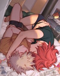 2boys bakugou_katsuki black_male_underwear blonde_hair boku_no_hero_academia boxers bulge closed_eyes couple highres hug kirishima_eijiro male_underwear multiple_boys red_hair shirt short_hair sleeping_together sunlight thighs tsukota underwear yaoi