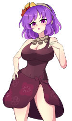 1girl bmkro breasts choker cleavage covered_navel hair_ornament hairband highres leotard purple_hair red_eyes rope sarong shimenawa short_hair simple_background solo touhou white_background yasaka_kanako