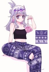 1girl absurdres alternate_costume artist_name bag barefoot black_camisole blue_pants blush_stickers bright_pupils camisole casual character_print circlet commentary drinking drinking_straw drinking_straw_in_mouth english_commentary feet grey_hair highres hololive hololive_english jewel_under_eye kivo koseki_bijou long_hair monobloc_(chair) navel pants pebble_(koseki_bijou) pink_hair plastic_bag purple_eyes purple_nails simple_background solo toes very_long_hair virtual_youtuber white_background white_pupils