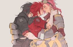 3girls arcane:_league_of_legends arcane_vi armor bandaged_arm bandages black_hair black_jacket black_pants blue_eyes blush braid ear_piercing earrings face_piercing facial_tattoo gauntlets goggles goggles_on_head group_hug hand_on_another&#039;s_neck highres hood hoodie hug imminent_kiss jacket jewelry league_of_legends marinhush medium_hair multiple_girls neck_tattoo nose_piercing pants piercing pink_hair red_hair red_jacket selfcest short_hair shoulder_armor tattoo vi_(league_of_legends) yuri
