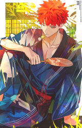 Rule 34 | 1boy, absurdres, alternate costume, artist name, blue kimono, collarbone, commentary request, dango, eating, eeju, emiya shirou, fate/grand order, fate (series), food, hand fan, highres, holding, holding fan, japanese clothes, kimono, leg up, male focus, one eye closed, red hair, senji muramasa (fate), short hair, sitting, solo, wagashi, watermark, yellow eyes