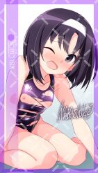 1girl adversarial_noise artist_name black_eyes black_hair breasts character_name collarbone commentary_request competition_swimsuit embarrassed flat_chest hairband highres inaba_shiki konno_yuuki_(sao) leaning_forward looking_at_viewer nipples one-piece_swimsuit one_eye_closed open_mouth paid_reward_available purple_one-piece_swimsuit short_hair sitting smile solo swimsuit sword_art_online torn_clothes variant_set wariza watermark watermark_grid white_hairband