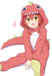 1girl :d absurdres alternate_costume between_legs blush bocchi_the_rock! commentary_request dinosaur_costume full_body green_eyes green_socks hair_between_eyes hand_between_legs highres kita_ikuyo long_hair long_sidelocks looking_at_viewer mimori_(mimori_05) motion_lines onesie open_mouth red_hair revision sidelocks simple_background sitting smile socks solo white_background
