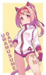 1girl animal_ears bandaid bandaid_on_leg bow buruma cowboy_shot ear_bow ear_covers english_text fingerless_gloves flower-shaped_pupils flower_in_eye gloves gym_uniform hair_intakes hand_on_own_hip haru_urara_(umamusume) headband highres horse_ears horse_girl horse_tail jacket long_hair moko39_takasora pink_eyes pink_hair ponytail red_buruma red_gloves red_headband simple_background solo symbol-shaped_pupils symbol_in_eye tail thighs umamusume white_jacket