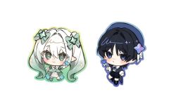 1boy 1girl :&lt; :3 alternate_costume alternate_hairstyle arms_at_sides asymmetrical_footwear beret black_hair black_jacket black_pants black_shoes black_sleeves blue_eyes blue_hat blue_outline blue_ribbon blunt_ends blush bow bowtie chibi closed_mouth coattails collared_shirt cross-laced_shoes cross-shaped_pupils dress eyelashes frilled_skirt frills genshin_impact gimmunyag green_bow green_dress green_eyes green_hair green_outline green_shoes hair_between_eyes hair_bow hair_intakes hair_ornament hat heart highres holding holding_wand jacket long_hair long_skirt long_sleeves looking_at_viewer magical_girl nahida_(genshin_impact) open_clothes open_jacket outline pants pleated_skirt pointy_ears ribbon scaramouche_(genshin_impact) shirt shoes showgirl_skirt sidelocks skirt standing star_(symbol) star_hair_ornament symbol-shaped_pupils twintails very_long_hair wand wanderer_(genshin_impact) white_background white_bow white_bowtie white_hair white_skirt white_sleeve_cuffs white_undershirt wing_collar wispy_bangs yellow_pupils