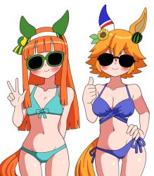 Rule 34 | 1girl, 2girls, animal ears, bikini, blunt bangs, breasts, cleavage, closed mouth, collarbone, commentary request, flat chest, hair between eyes, hair ornament, highres, horse ears, horse tail, looking at viewer, matikanefukukitaru (umamusume), medium breasts, multiple girls, navel, orange hair, silence suzuka (umamusume), smile, sodeshita marshmallow, sunglasses, swimsuit, tail, umamusume, v, white background