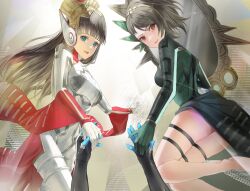 Rule 34 | 2girls, black hair, blue eyes, bodysuit, commission, disembodied hand, gloves, green bodysuit, green gloves, hair ornament, hat, hiromine yoko, holding hands, isonokami tao, long hair, looking at viewer, mochigana, multiple girls, protagonist (smtv), red eyes, shin megami tensei, shin megami tensei v, shin megami tensei v: vengeance, short hair, simple background, thigh strap, tiara, white bodysuit, white gloves