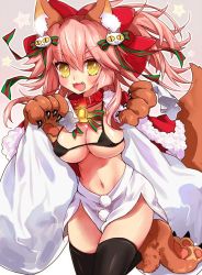 1girl animal_ears animal_hands artist_request bad_id bad_twitter_id bell bikini bikini_top_only black_thighhighs blush breasts cat_hair_ornament christmas cleavage collar eru eyebrows fangs fate/grand_order fate_(series) female_focus fox_ears fox_tail hair_ornament hair_ribbon large_breasts long_hair looking_at_viewer midriff navel neck_bell open_mouth pink_hair red_ribbon ribbon sack santa_costume skirt smile solo spiral star_(symbol) swimsuit tail tamamo_(fate) tamamo_cat_(fate) tamamo_no_mae_(fate/extra) thighhighs white_skirt yellow_eyes