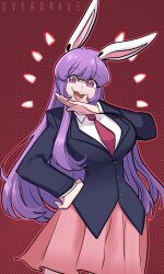 1girl absurdres animal_ears black_jacket blazer breasts buck_teeth buttons collared_shirt commentary cowboy_shot danmaku english_commentary hand_on_own_hip highres jacket large_breasts long_hair long_sleeves looking_at_viewer missandydandy necktie ojou-sama_pose open_mouth pink_skirt pleated_skirt purple_eyes purple_hair rabbit_ears rabbit_girl red_background red_necktie reisen_udongein_inaba shirt skirt smile solo teeth touhou very_long_hair white_shirt