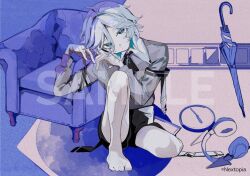 1boy black_shorts blue_eyes blue_hair chair clock closed_umbrella collared_shirt colored_inner_hair colored_skin commentary_request copyright_notice feet grey_shirt grey_skin hair_between_eyes headphones limited_palette male_focus multicolored_hair nextopia official_art sample_watermark shinogaku_sei shirt short_hair shorts solo toasu two-tone_hair umbrella unworn_headphones virtual_youtuber watermark white_hair